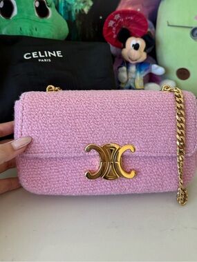 Celine Pink Bouclé Triomphe Chain Shoulder Bag with Gold Hardware
